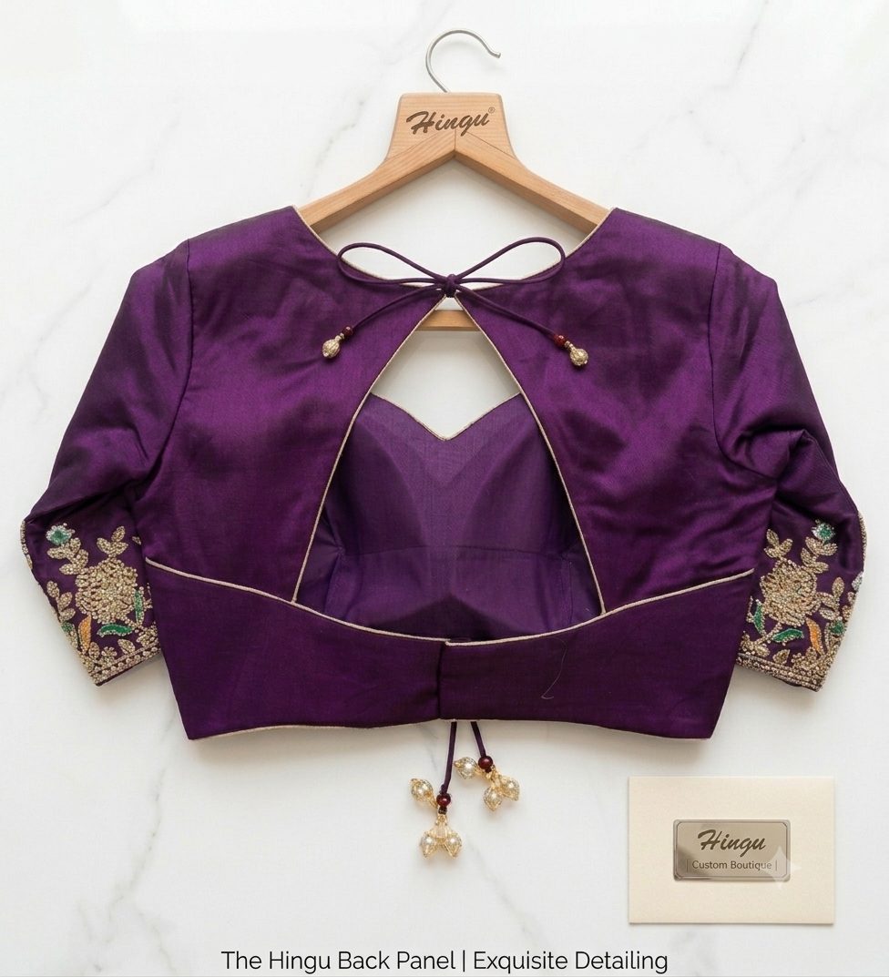 Signature back design — purple silk blouse with gold piping, tie detail and tassels, stitched by Hingu Fashion Designer Surat