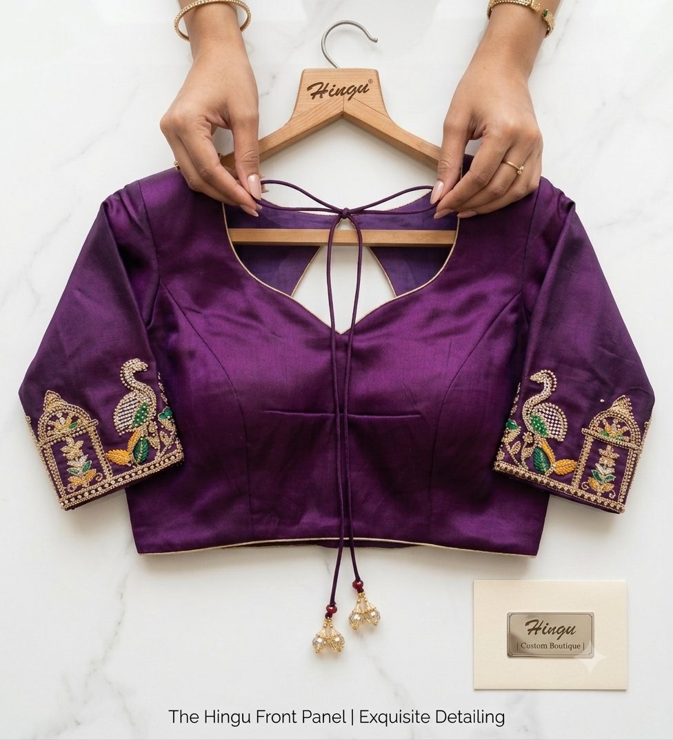 Royal purple silk blouse with hand-embroidered peacock sleeves on a Hingu branded hanger