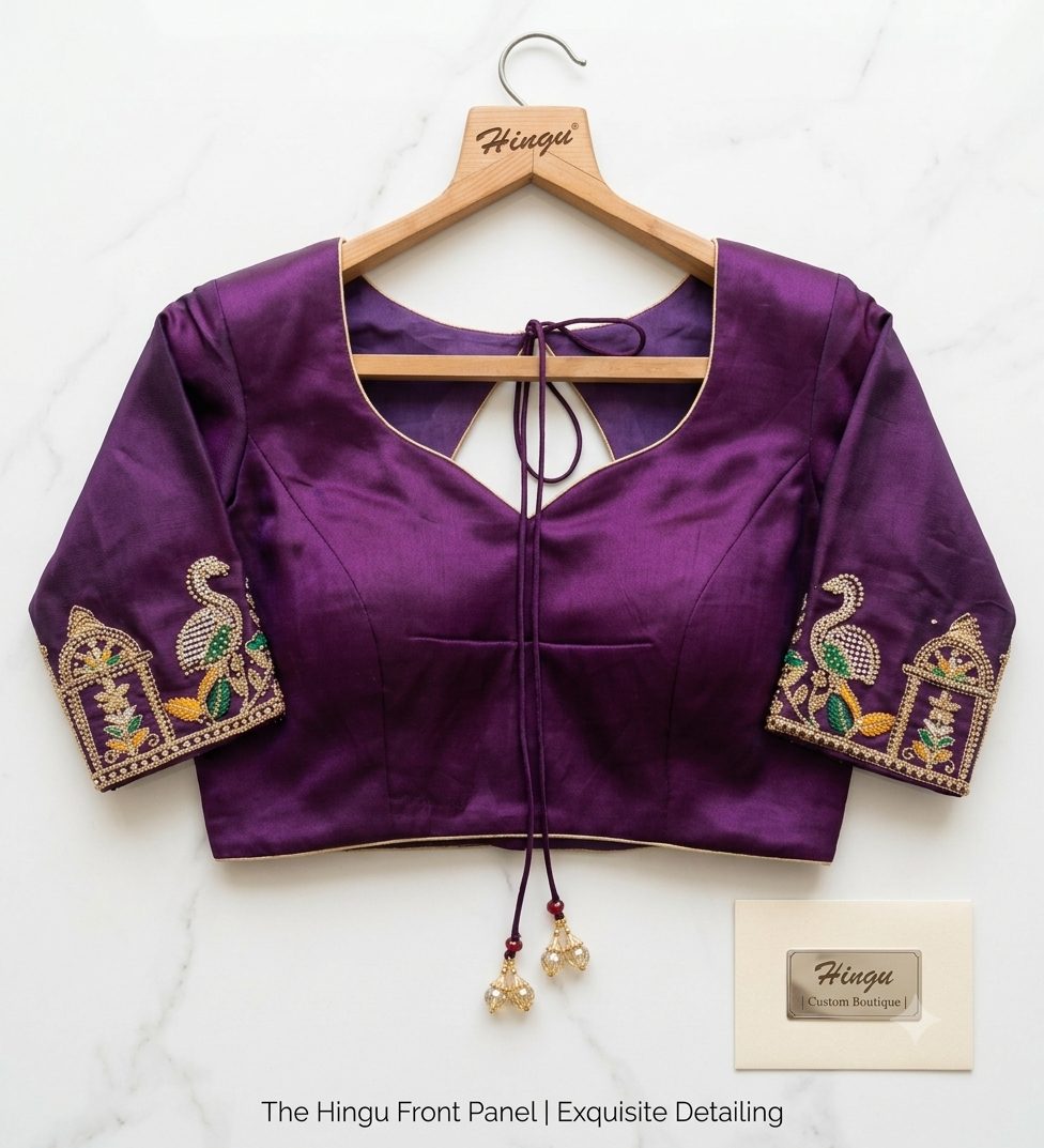 Sweetheart neckline purple blouse with hand-embroidered peacock sleeves on a Hingu hanger