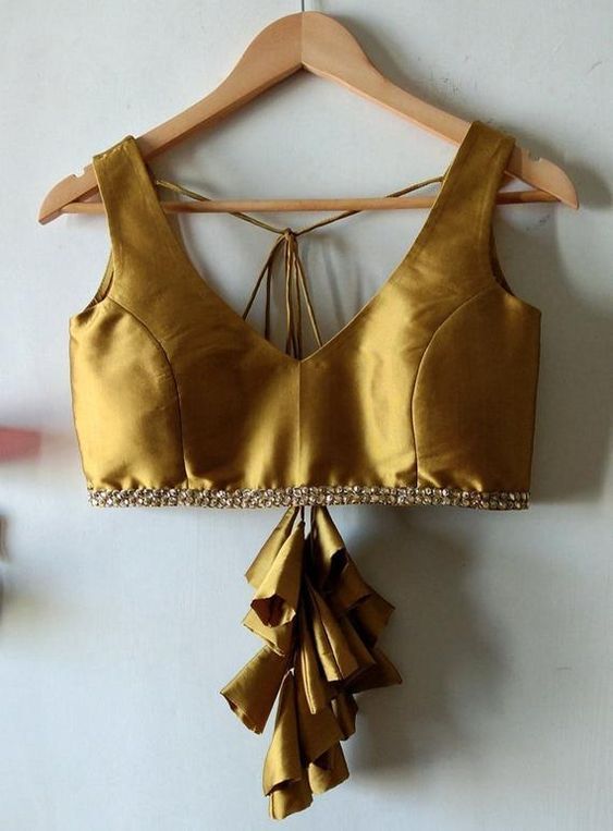 Antique gold silk sleeveless blouse with ruffle detail