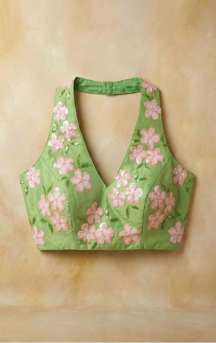 Pista green halter-neck blouse with pink floral sequin embroidery