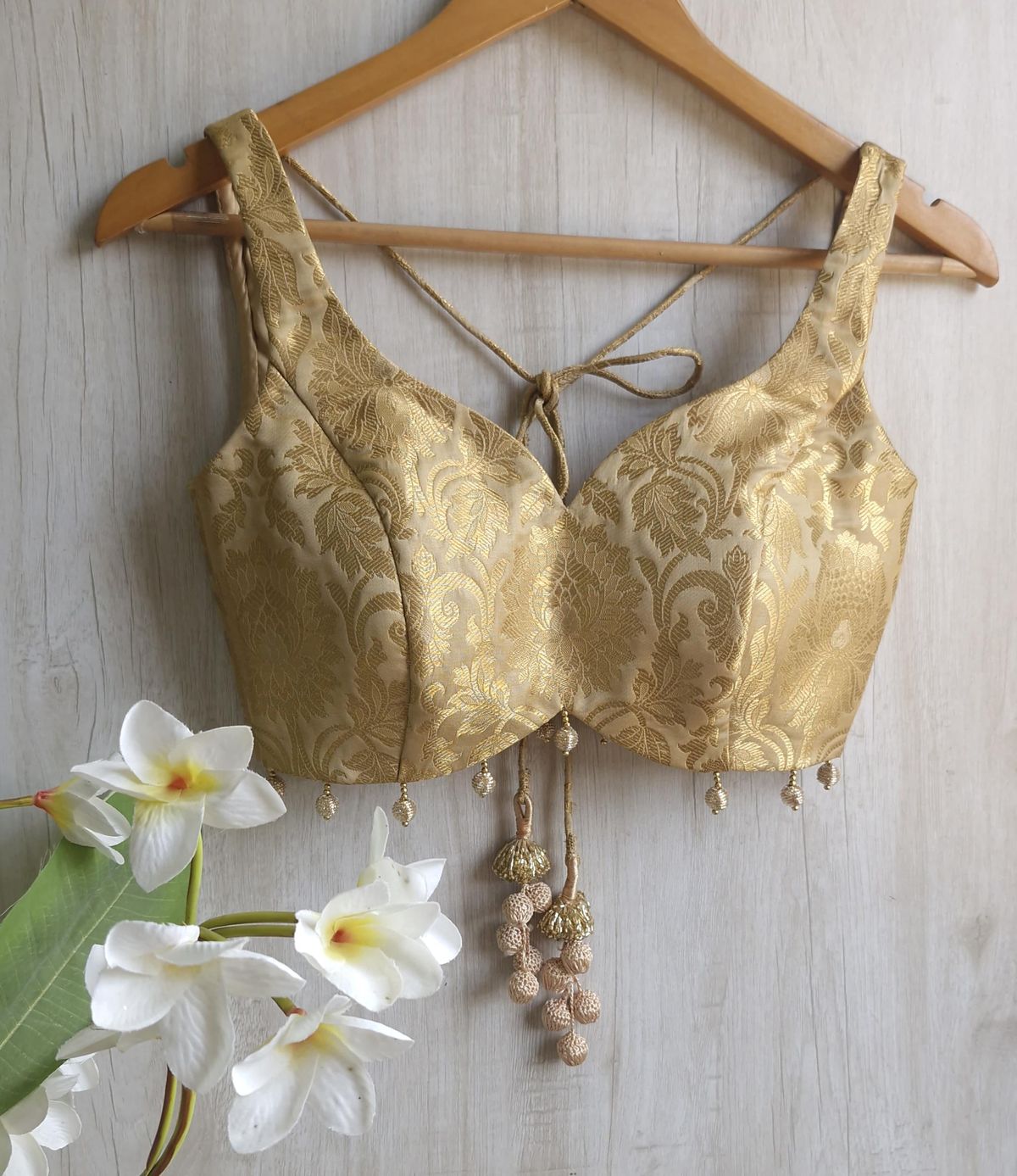 Golden brocade sweetheart blouse with pearl droplet tassels